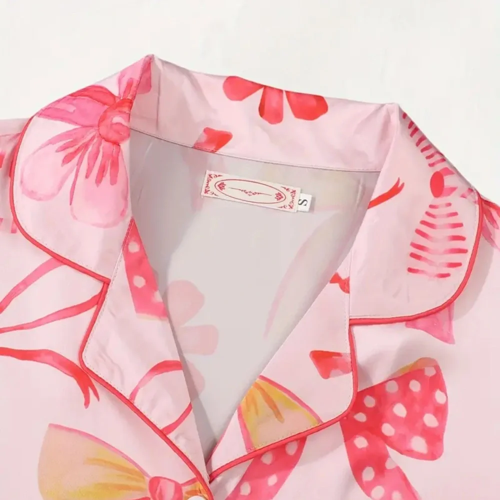 Pink Bow and Floral Print Women's Pajama Set Size XS Romantic Valentine’s Day